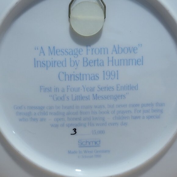 Schmid Hummel Christmas 1991 A Message From Above Decorative Wall Hanging Plate - Picture 5 of 11